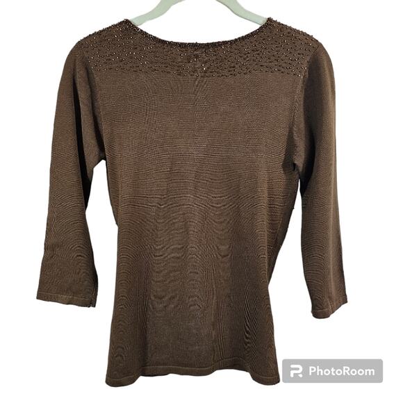 My Favorite Things Colleen Lopez Brown Beaded V- Neck Sweater XS - Picture 3 of 9